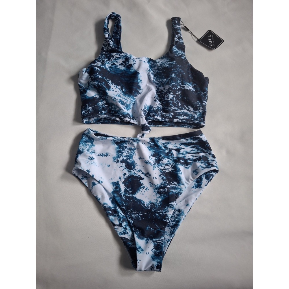 Zaful Bikini Set Size M US 6 Blue White Marble Ocean Swimsuit 2‎ Piece Tankini